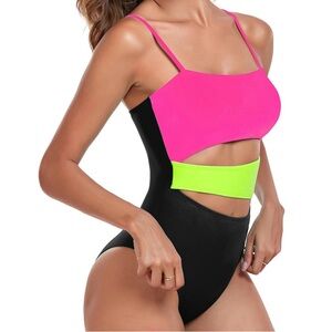 Colorblock One-Piece Swimsuit - Pink, Green, Black
